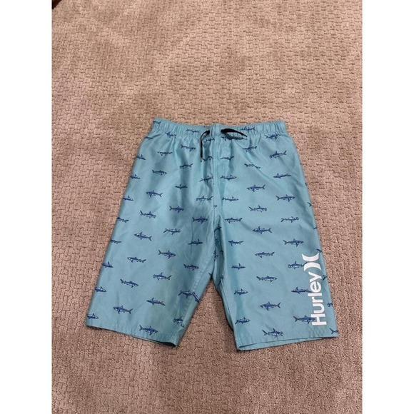 Boys Hurley Kids XL Swim Trunks Shark Print Blue Swimsuit Shorts - Picture 1 of 7